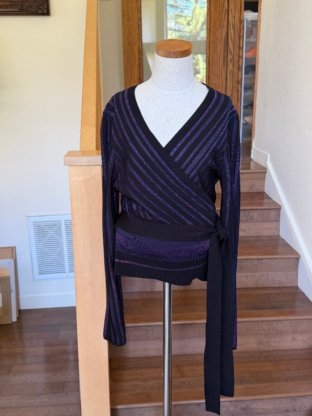 Diane von Furstenberg DVF Metallic Striped Wrap Knit Top, Size M